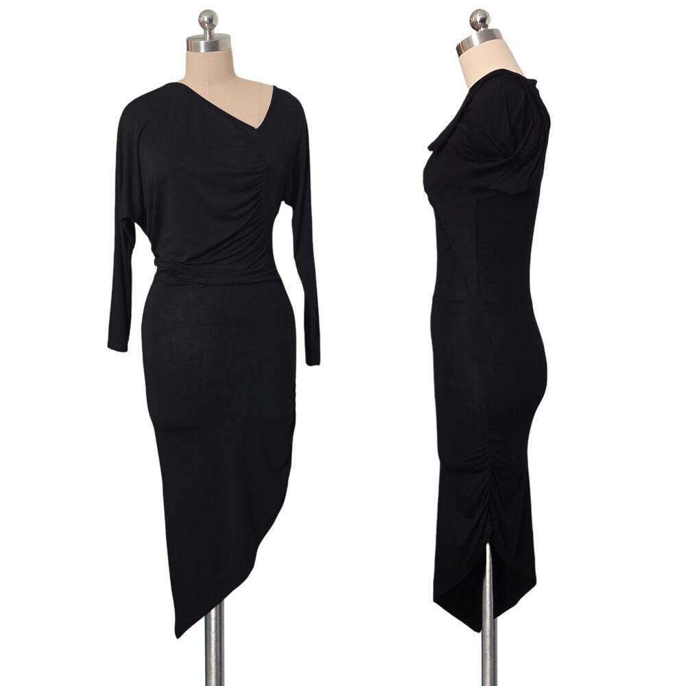 J MODE USA Sexy Stretch Jersey Ruched Asymmetrical Hem Stretchy Black  Dress S
